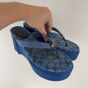 COACH Blue Denim Y2K Franki Monogram Chunky Platform Thong Sandal Flip Flops